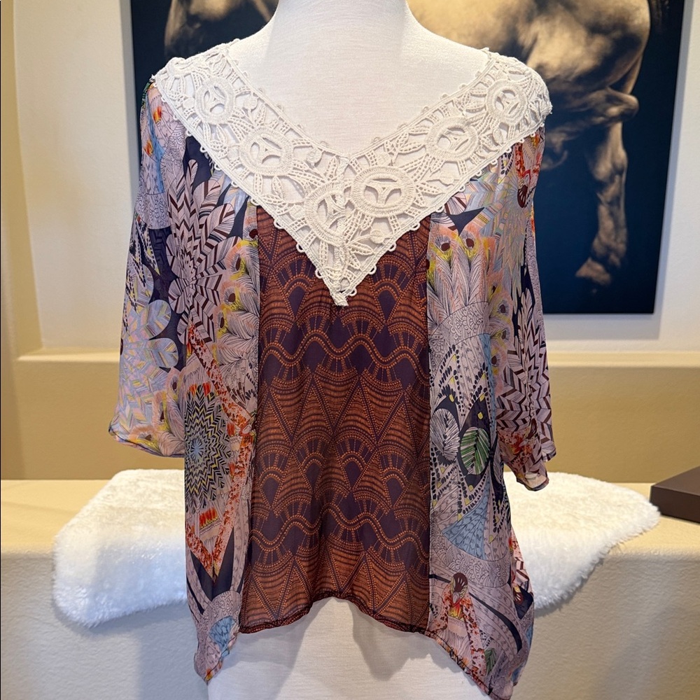 Language Oversized Silk Viscose Crochet-Trim Mixed Print Top NWT
